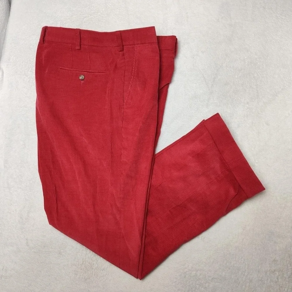 Paul Stuart Pants Mens 40x32 Red Corduroy Flat Cuffed‎ Classic Dress Slacks USA